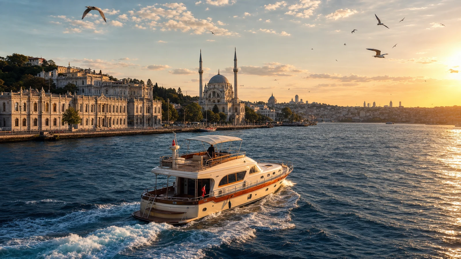 Barco navegando por el Bósforo con Estambul de fondo
