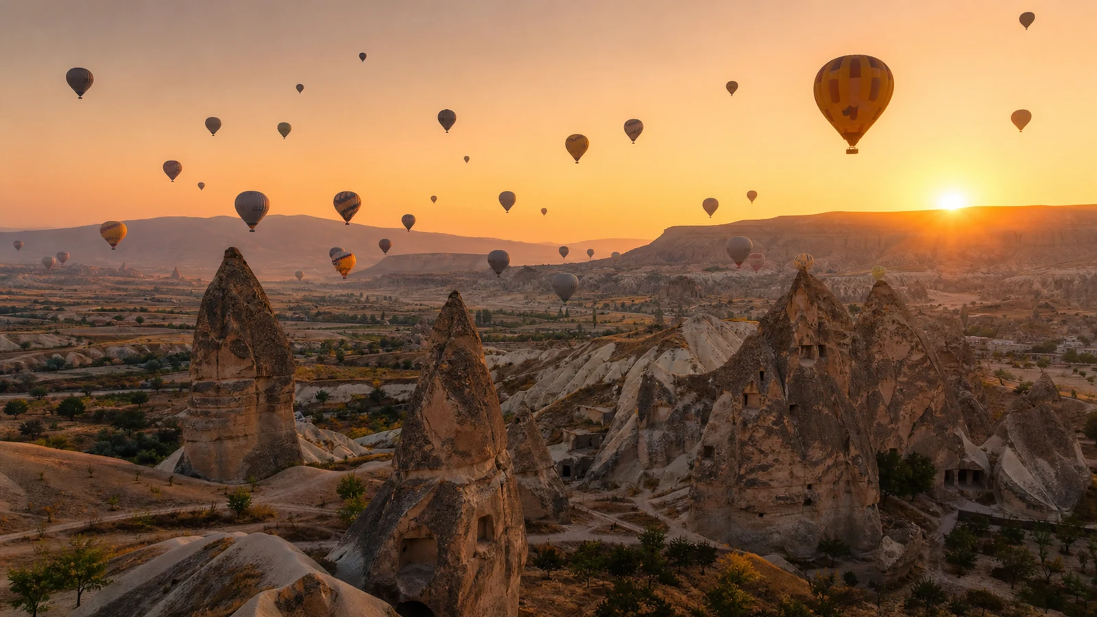 Globos aerostáticos sobre Capadocia al amanecer
