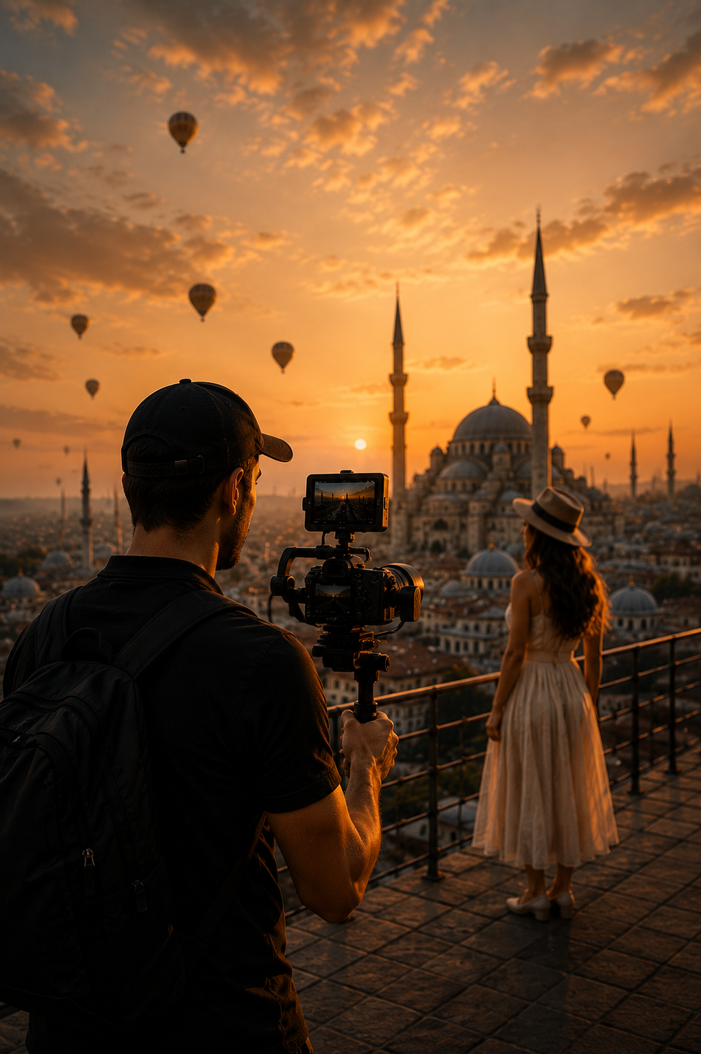 Operador audiovisual filmando discretamente a una viajera en Turquía