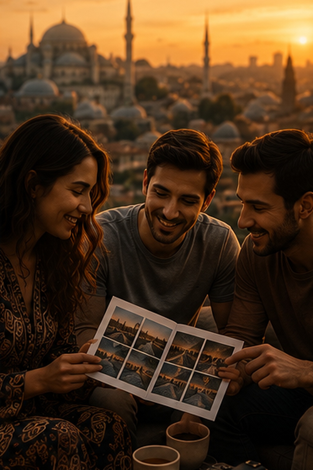 Protagonista y amigos compartiendo fotografías y recuerdos del viaje